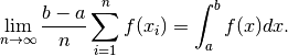 \begin{aligned}
\lim_{n \rightarrow \infty} \frac{b - a}{n} \sum_{i=1}^n f(x_i)= \int_{a}^b f(x) dx.
\end{aligned}